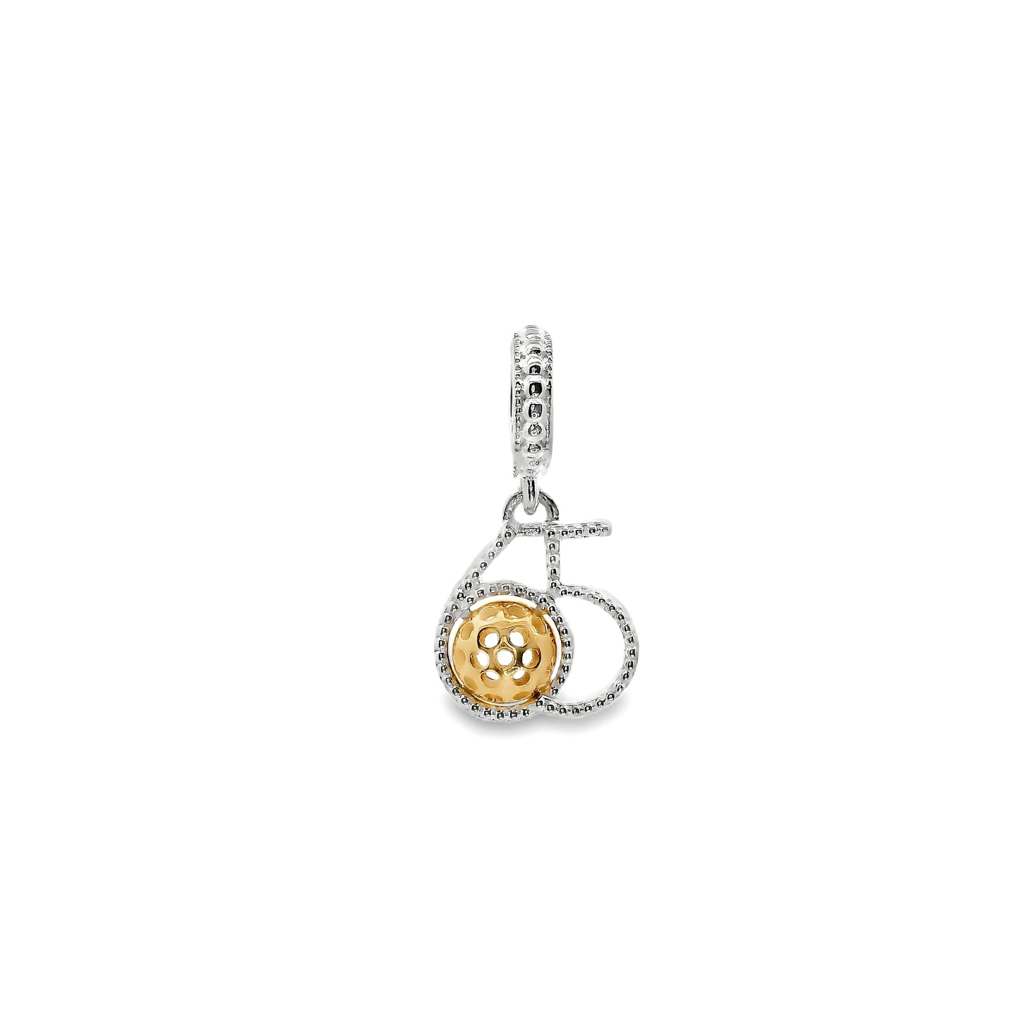 65 and ball pickleball charm, silver, gold