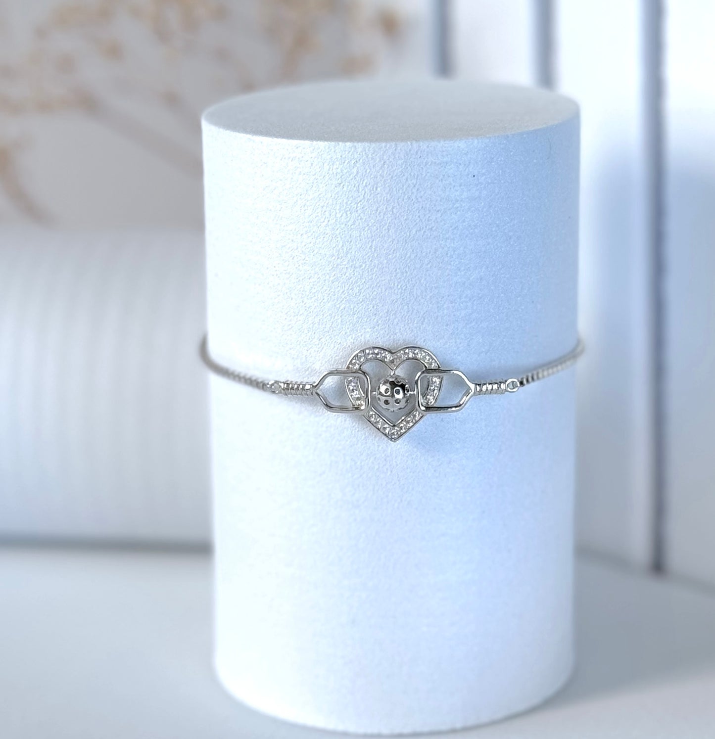 pickleball bracelet with paddles, ball and heart with cubic zirconia, sterling silver, women