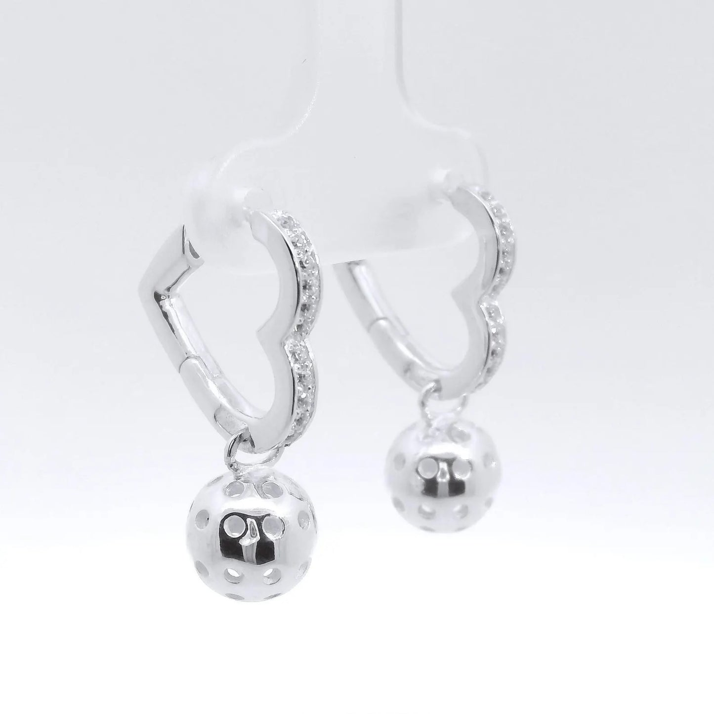 pickleball heart earrings with ball, sterling silver, white cubic zirconia