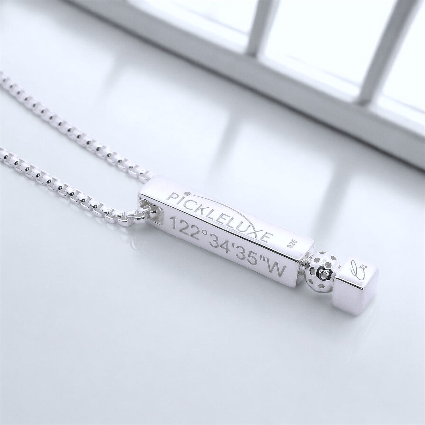 sterling silver pickleball bar necklace with coordinates