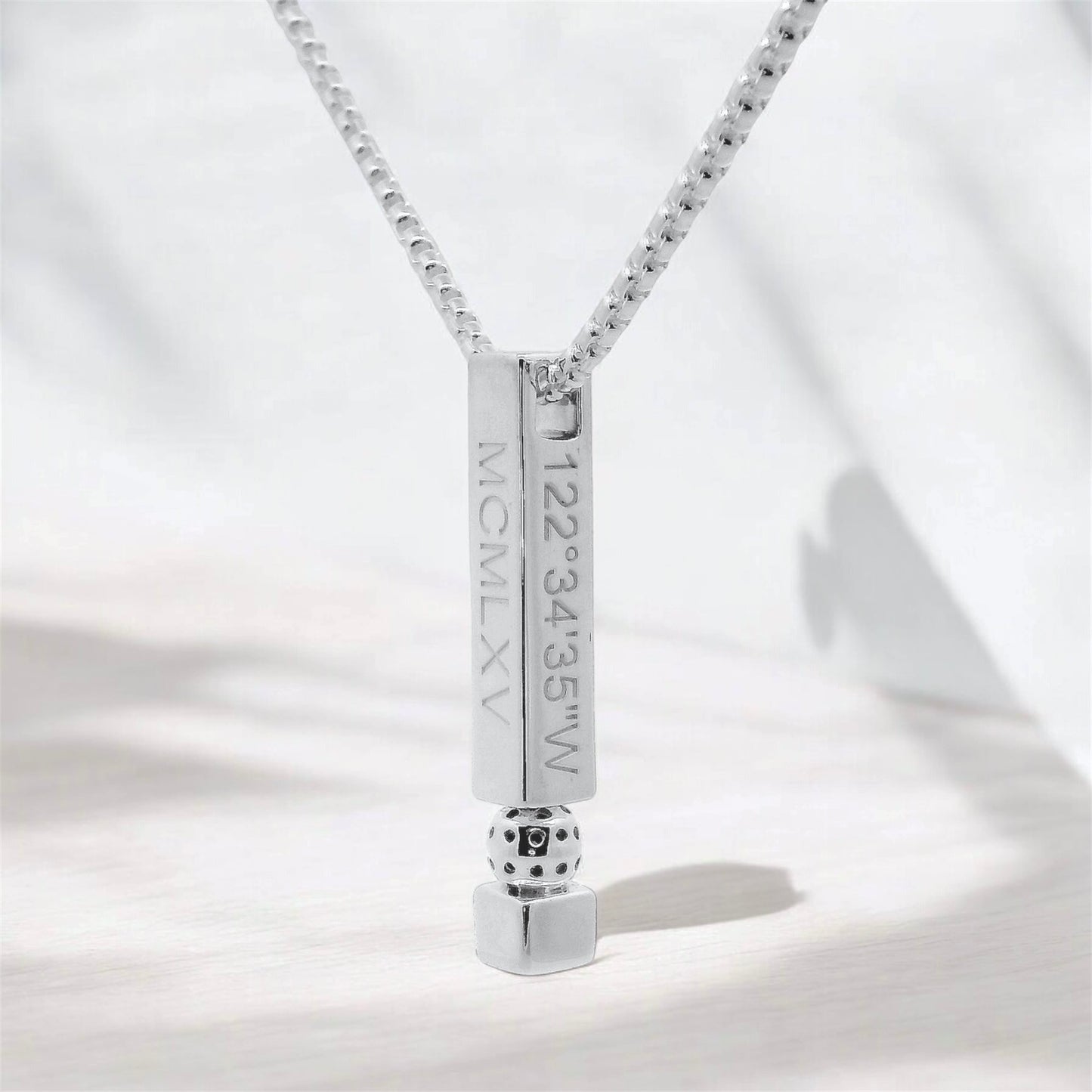 founders pickleball bar necklace with roman numerals for 1965 and coordinates, sterling silver