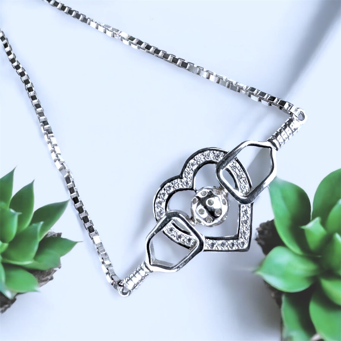heart bracelet with pickleball paddles and ball, cubic zirconia, box chain