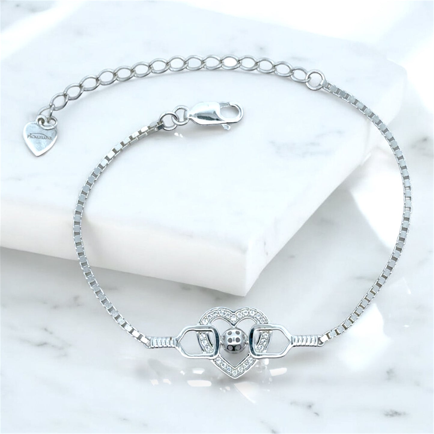 heart bracelet with pickleball paddles and ball, cubic zirconia, lobster clasp, extension chain