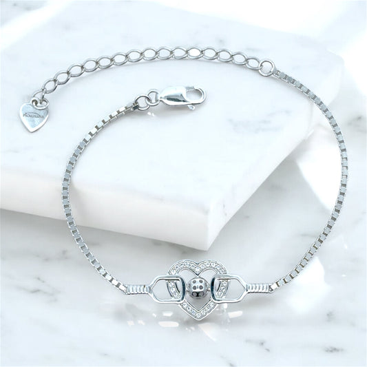 heart bracelet with pickleball paddles and ball, cubic zirconia, lobster clasp, extension chain