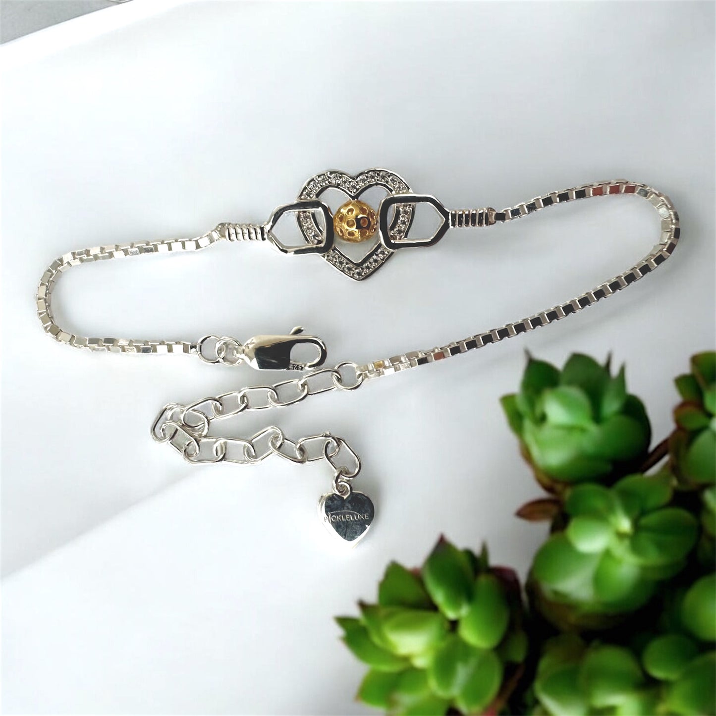 pickleball heart bracelet, gold ball, two paddles, sterling silver