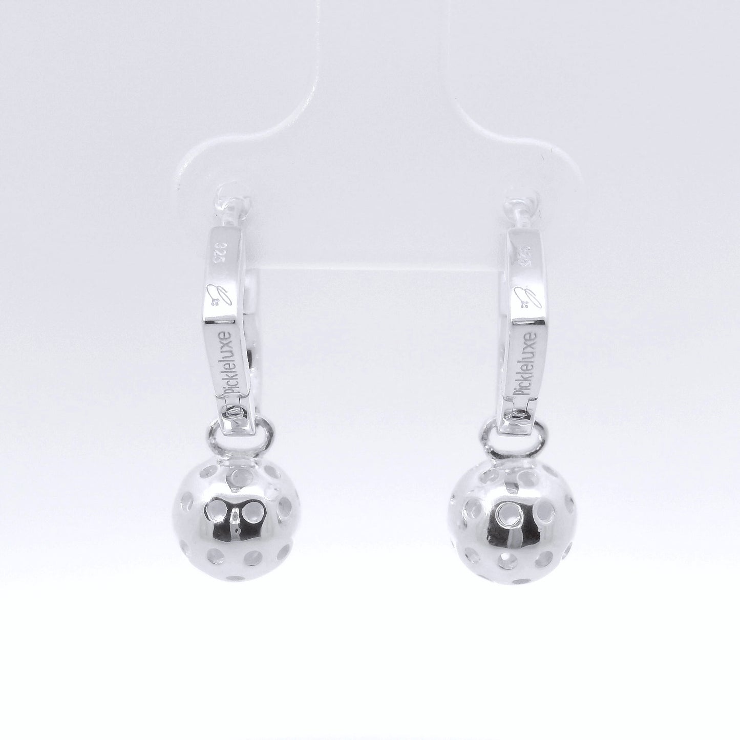 pickleluxe brand heart earrings with pickleball, sterling silver,