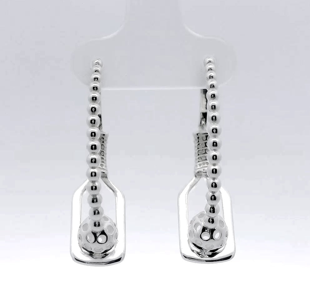 pickleball rhythm earrings with paddles and balls, sterling silver