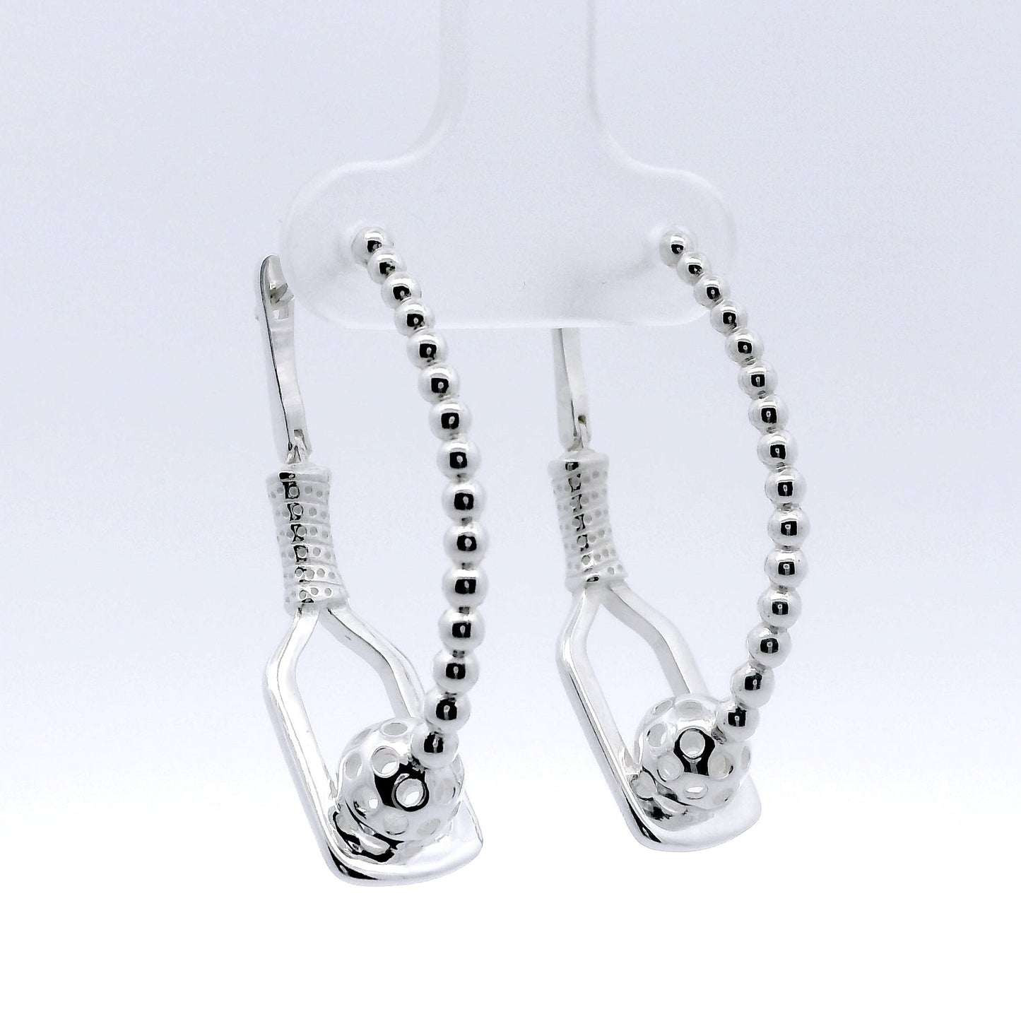 pickleball rhythm earrings with ball and paddle, sterling silver