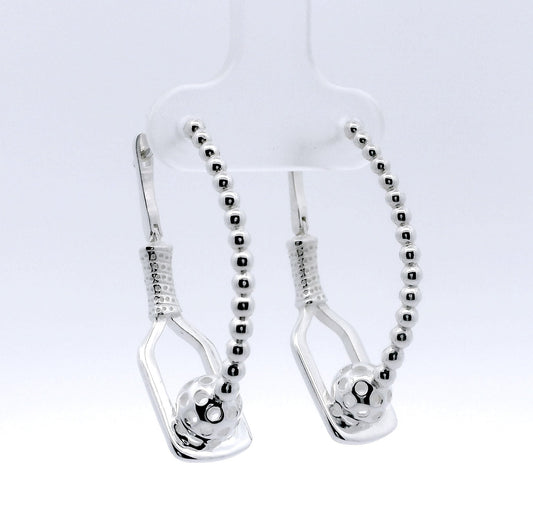 pickleball rhythm earrings with ball and paddle, sterling silver