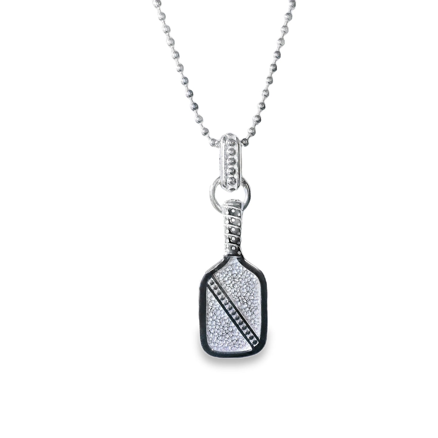 volli pickleball paddle necklace with granulation bead bail, sterling silver
