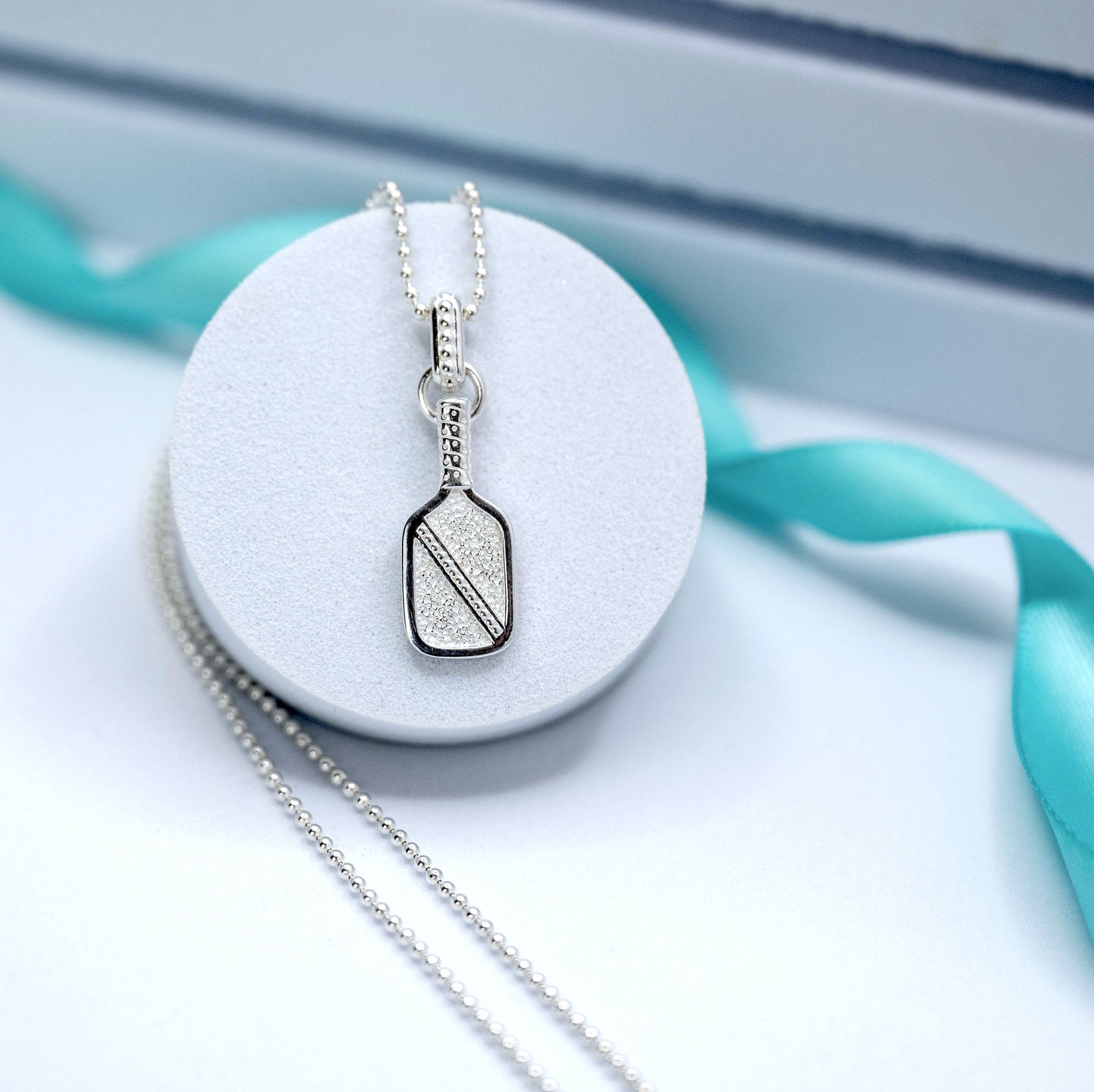 volli pickleball paddle necklace, sterling silver, bead chain