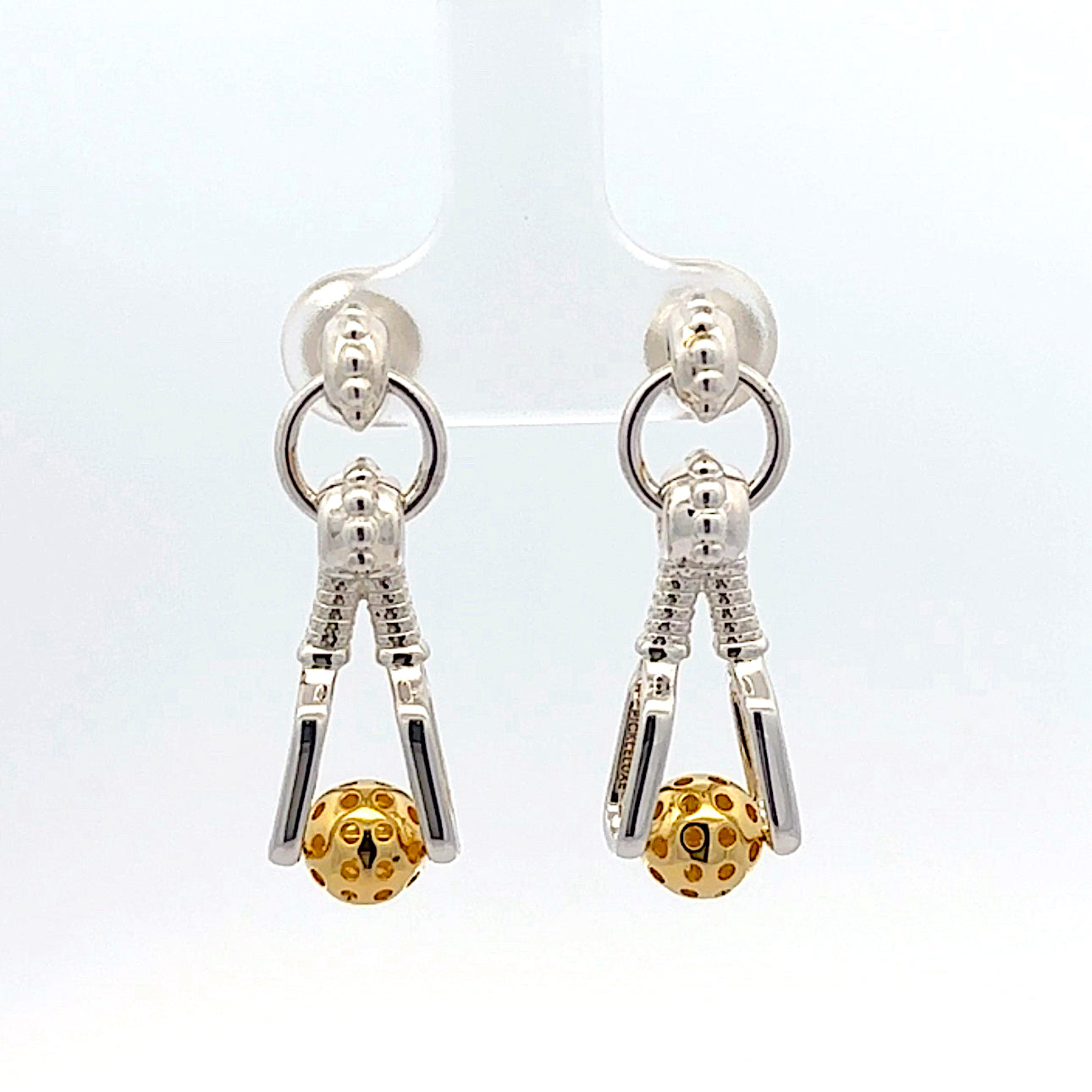 silver and gold pickleball post earrings