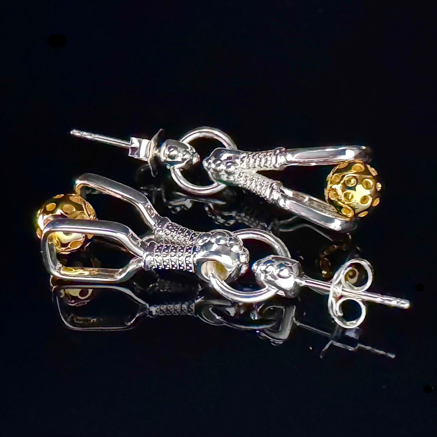 silver and gold pickleball post dangle earrings