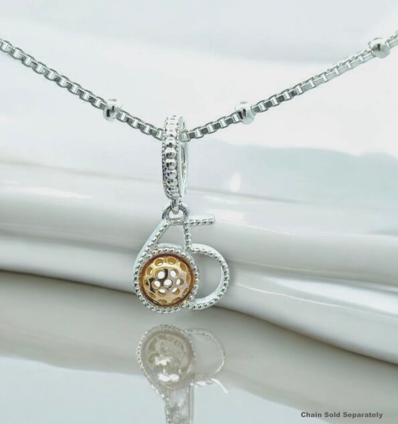 65 pickleball charm necklace, sterling silver, gold