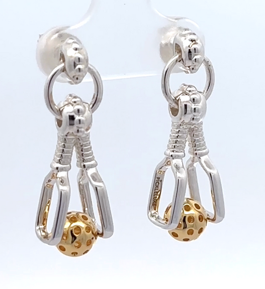 pickleball paddle and ball earrings, silver and gold, post dangle