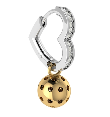 A pair of pickleball heart earrings with a gold vermeil ball and cubic zirconia accents on a white background.