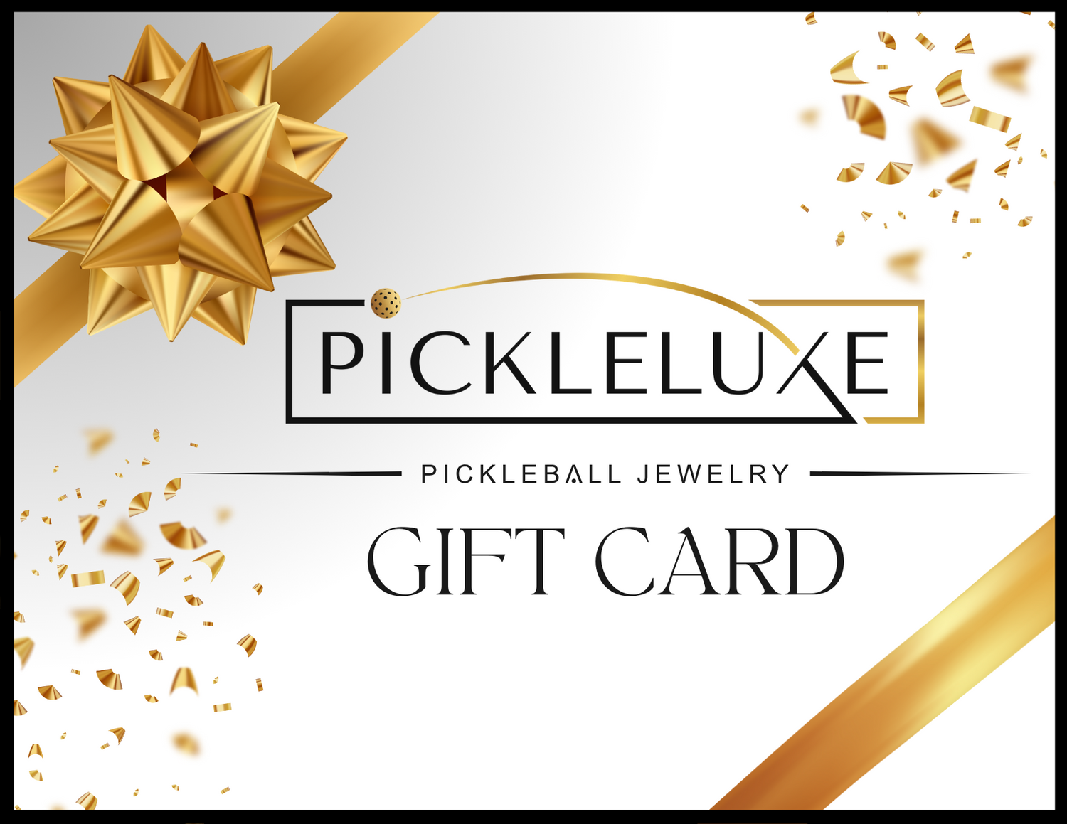 pickleluxe pickleball jewelry gift card, gold ribbon