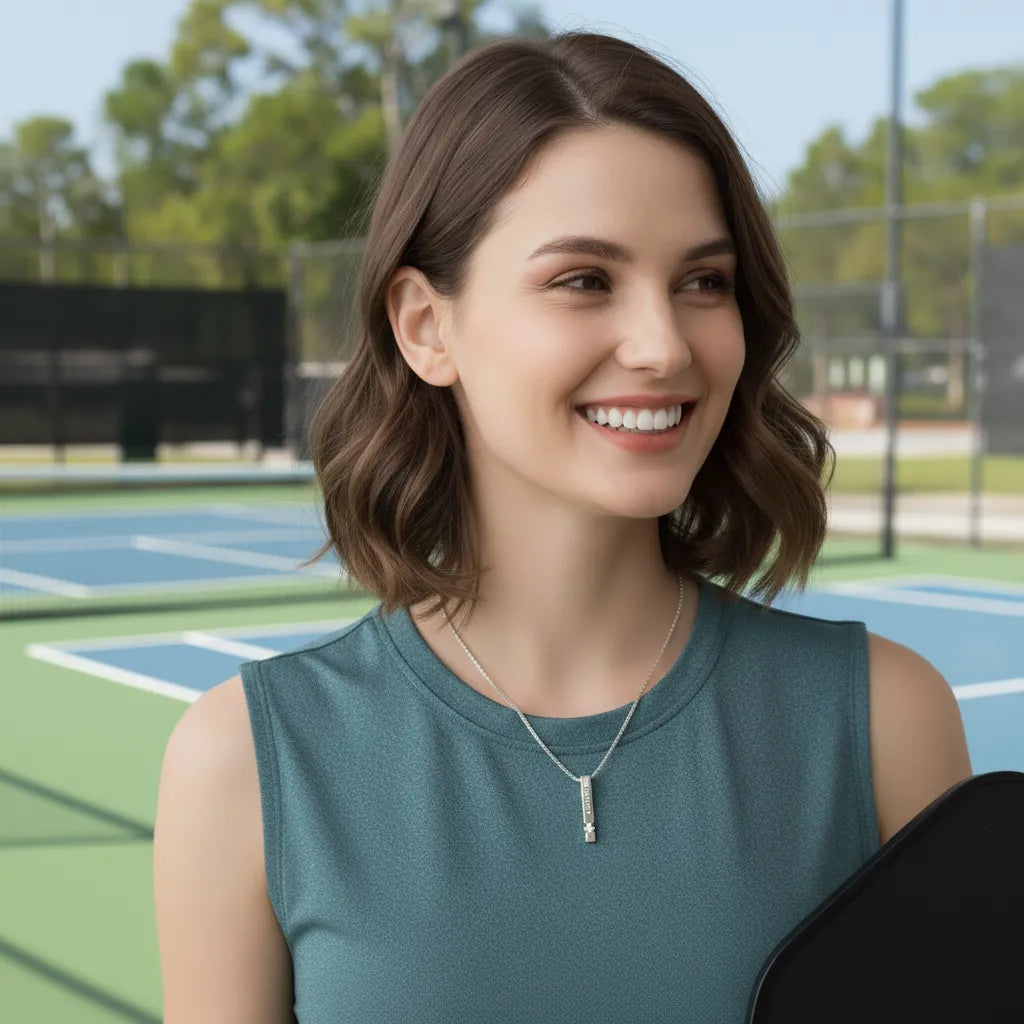 Woman holding a paddle on a pickleball court