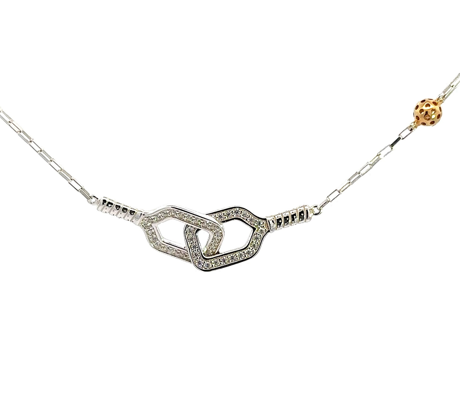 pickleball necklace with two silver paddles with cubic zirconia and gold pickleball