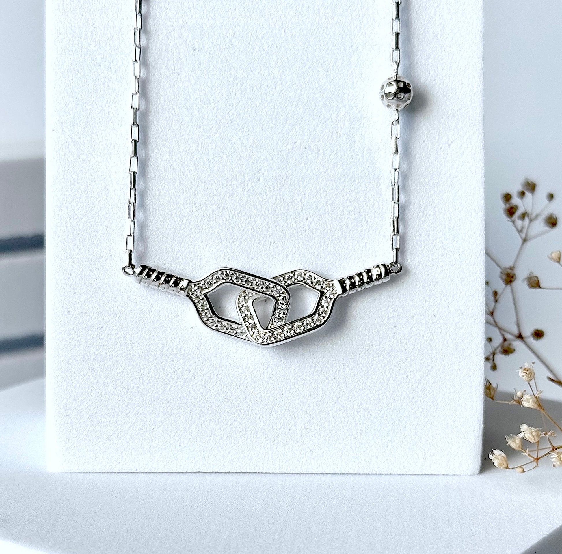 pickleball pendant with two paddles, white cubic zirconia, sterling silver, ball charm