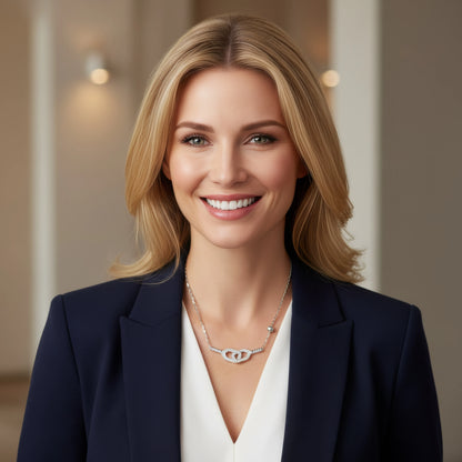 Woman wearing a dark blazer and white shirt and a silver necklace with two pickleball paddles and ball with a blurred background