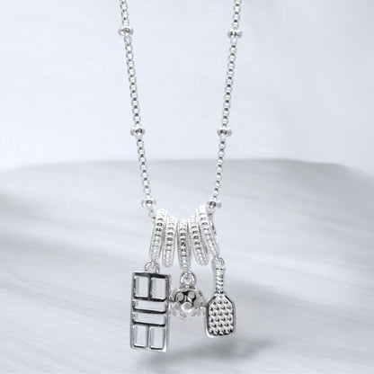 pickleball charm necklace with paddle, ball, court, sterling silver
