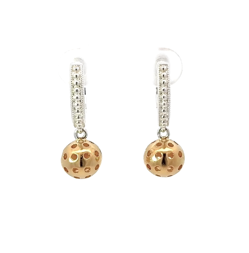 pickleball huggie dangle earrings, sterlings silver and gold