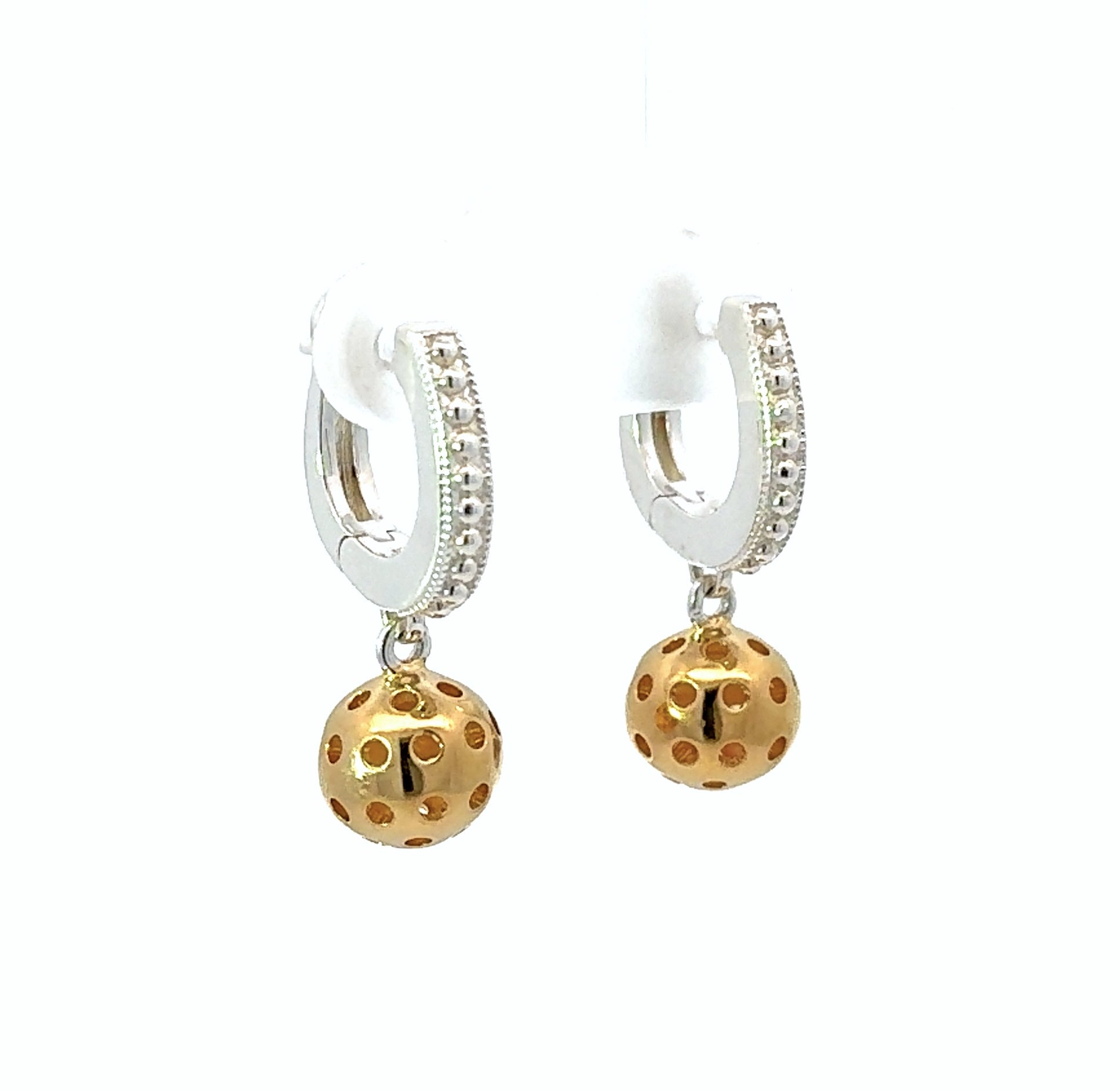 pickleball huggie dangle earrings, silver and gold