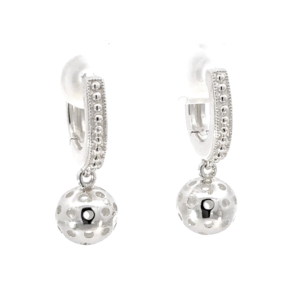 sterling silver pickleball earrings with dangling ball charm