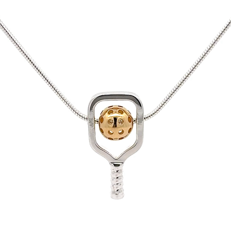 pickleball spin necklace with sterling silver paddle and gold vermeil ball