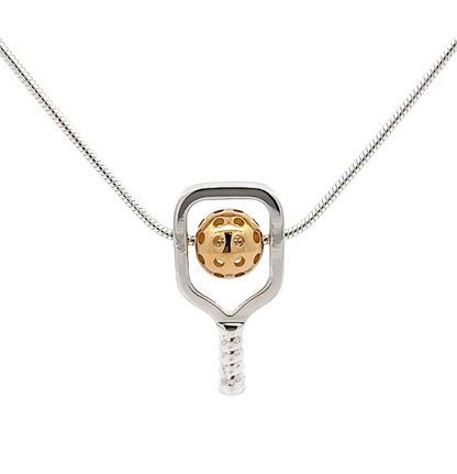 pickleball spin necklace with sterling silver paddle and gold vermeil ball