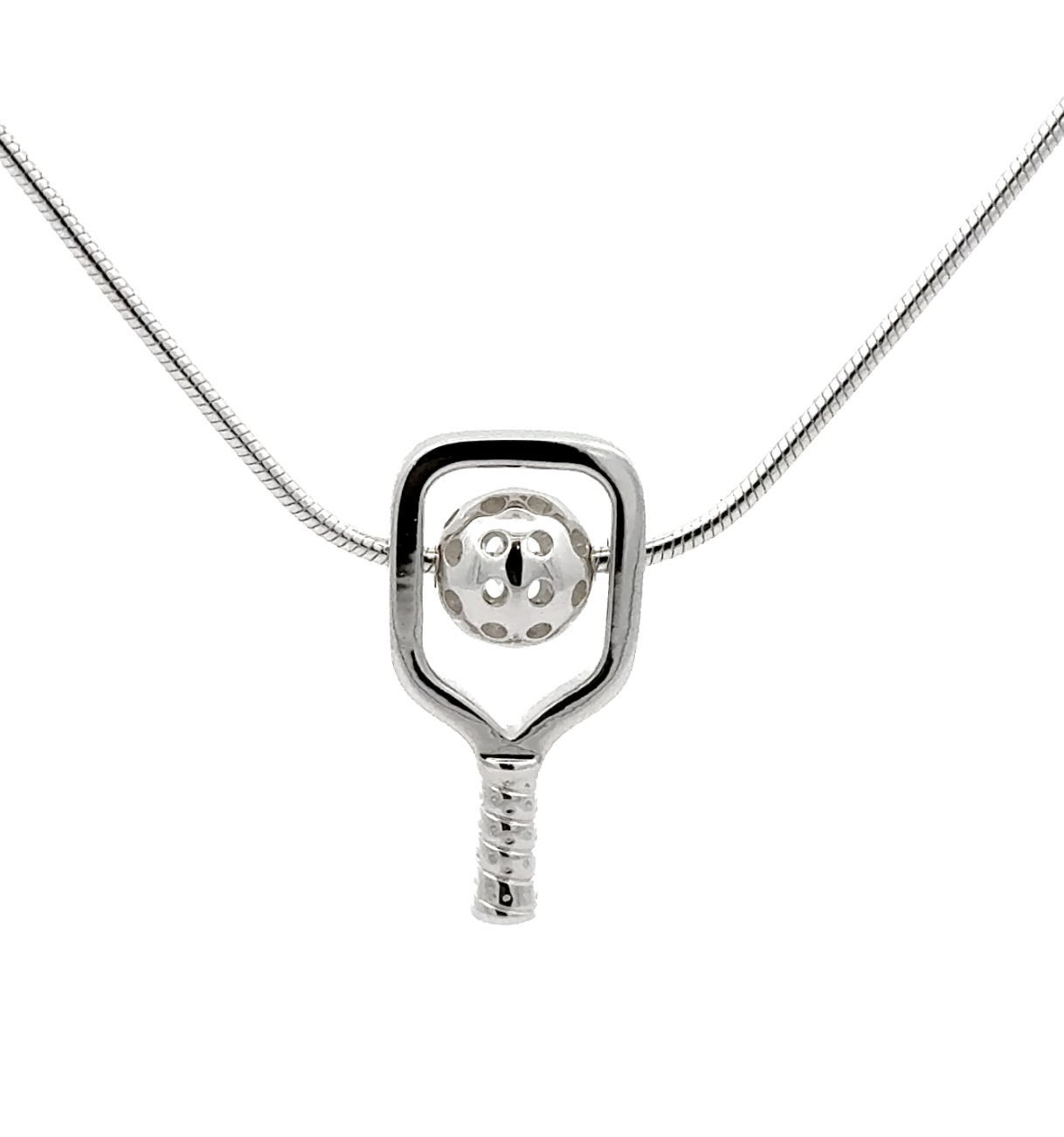 paddle and ball pickleball necklace, high polish sterling silver