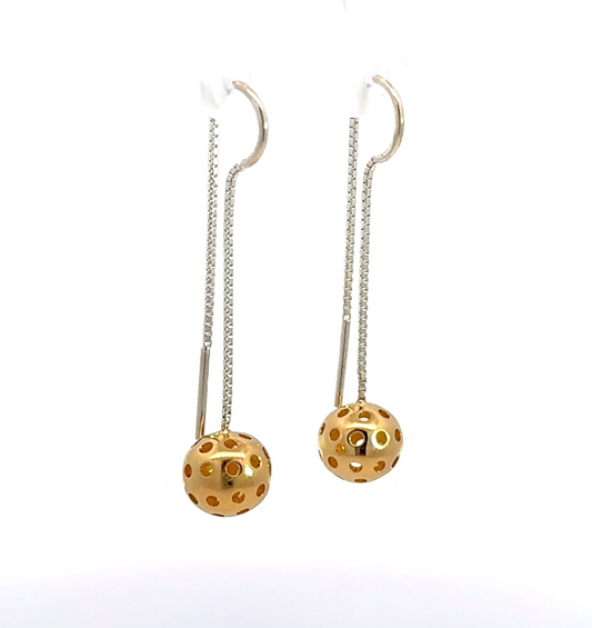 pickleball threader earrings, silver, gold ball