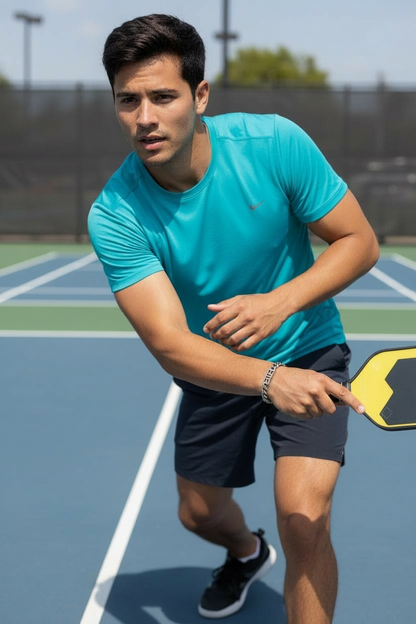 Man in turquoise shirt and black shorts wearing a pickleball court bracelet holding a black and yellow paddle while playing on a pickleball court