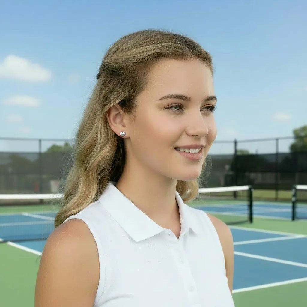 Teenage girl standing on a pickleball court wearing a white sleeveless top and silver pickleball stud earring.