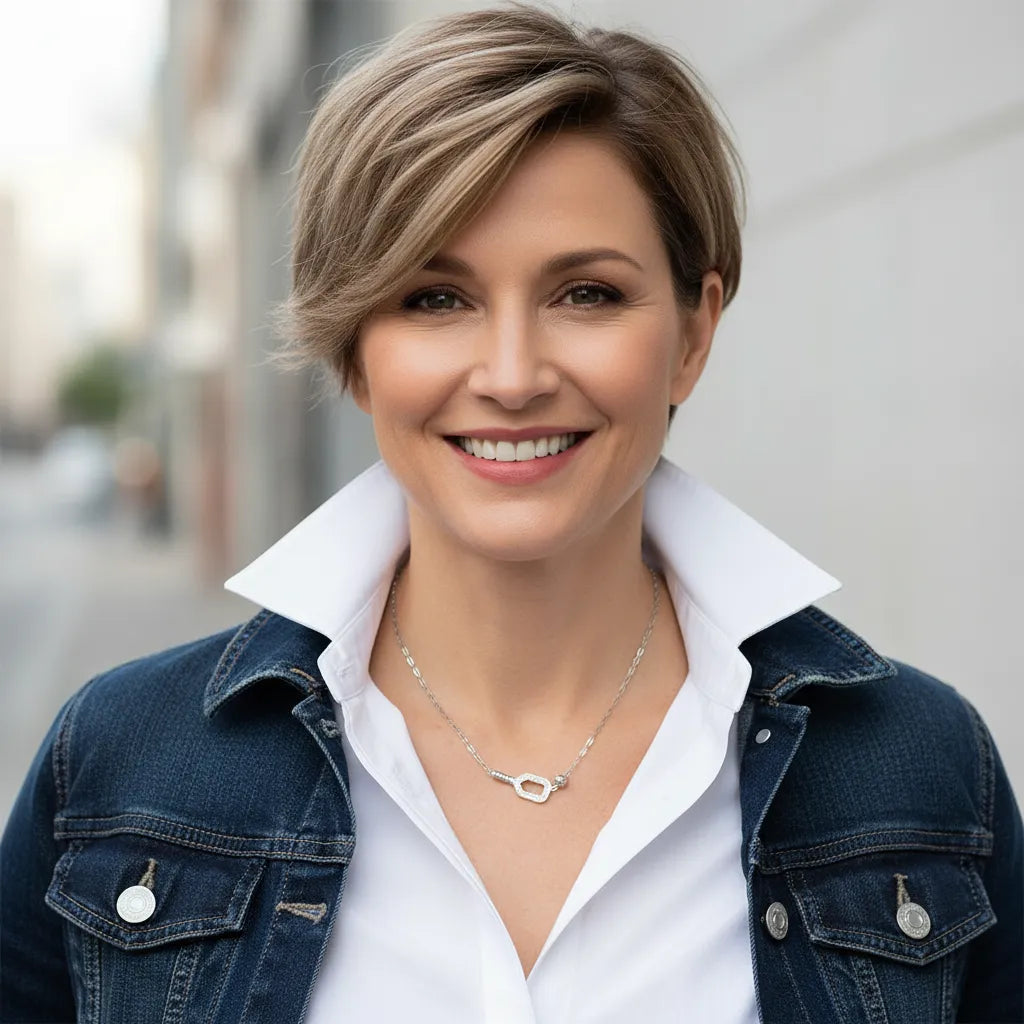 Woman wearing a silver pickleball paddle and ball necklace and denim jacket and white shirt with a blurred city street background
