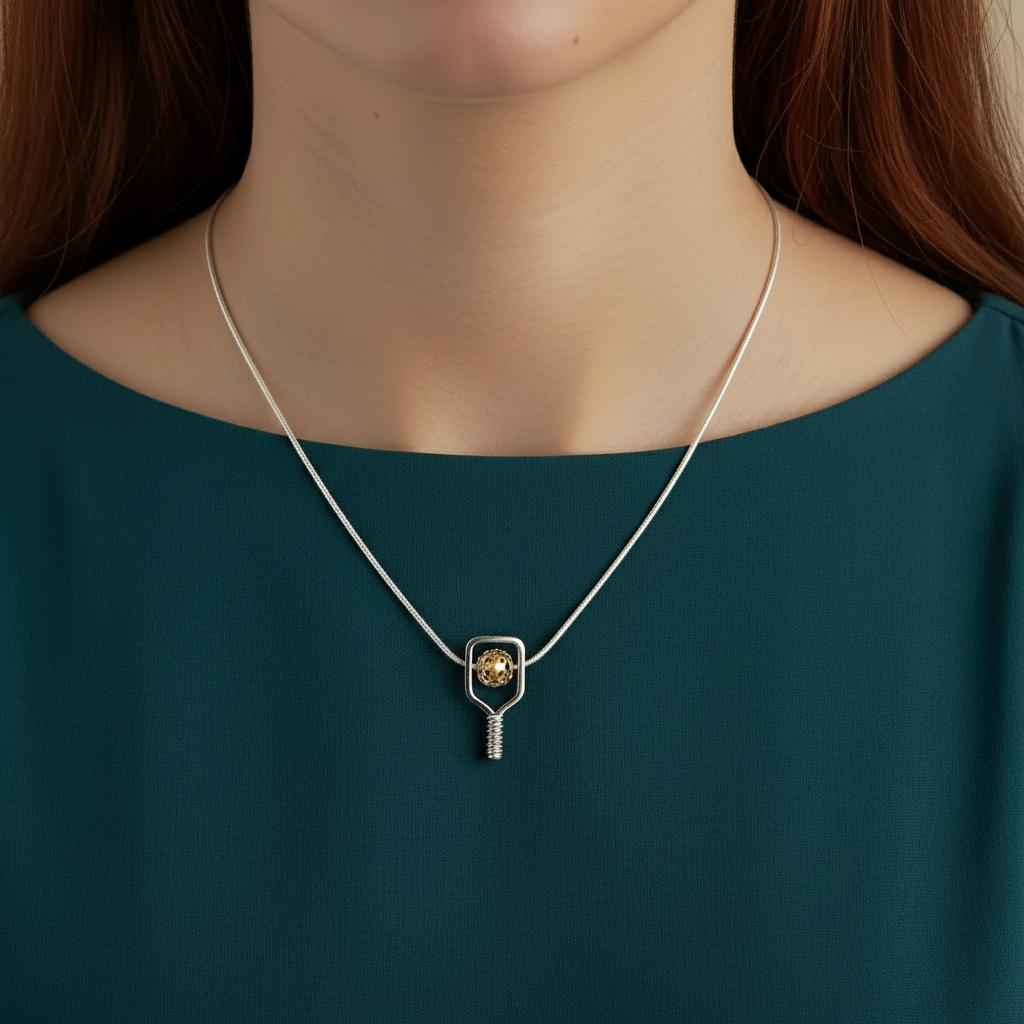 Necklace with a pickleball paddle and ball pendant worn by a person wearing a teal shirt.