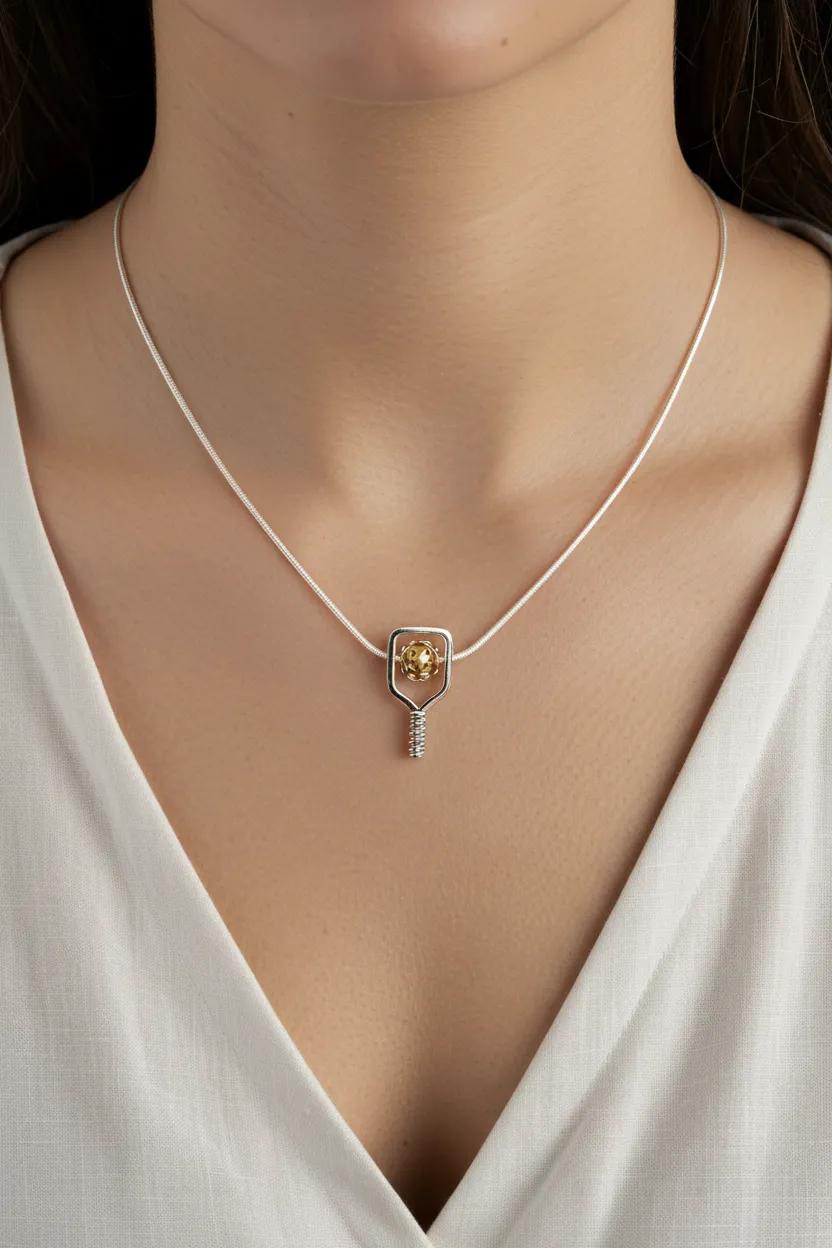 Necklace with a silver pickleball paddle and gold ball on a model wearing a white top.