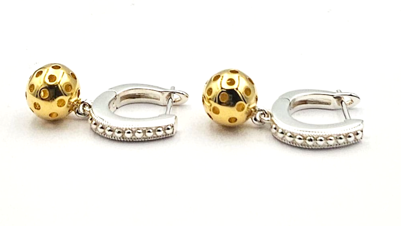 pickleball huggie dangle earrings, silver and gold vermeil