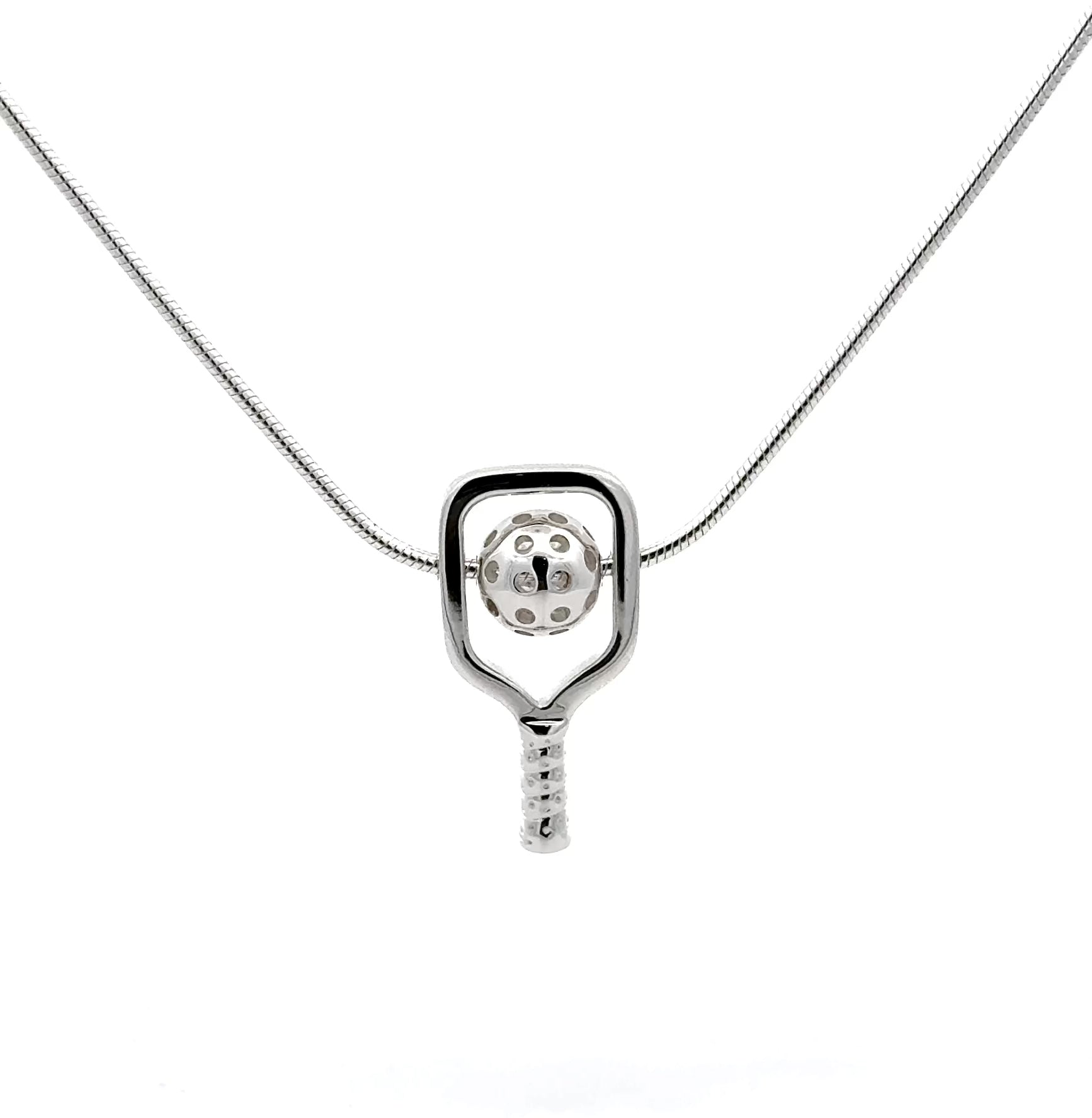 pickleball necklace with paddle and ball, high polish sterling silver