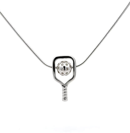 pickleball necklace with paddle and ball, high polish sterling silver