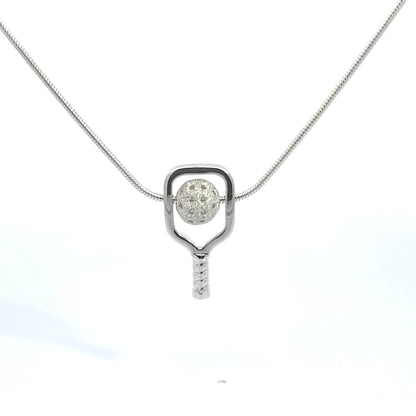 silver pickleball necklace with paddle and spinning ball