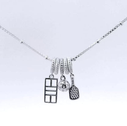 pickleball charm necklace with charm trio of paddle, ball, court, sterling silver