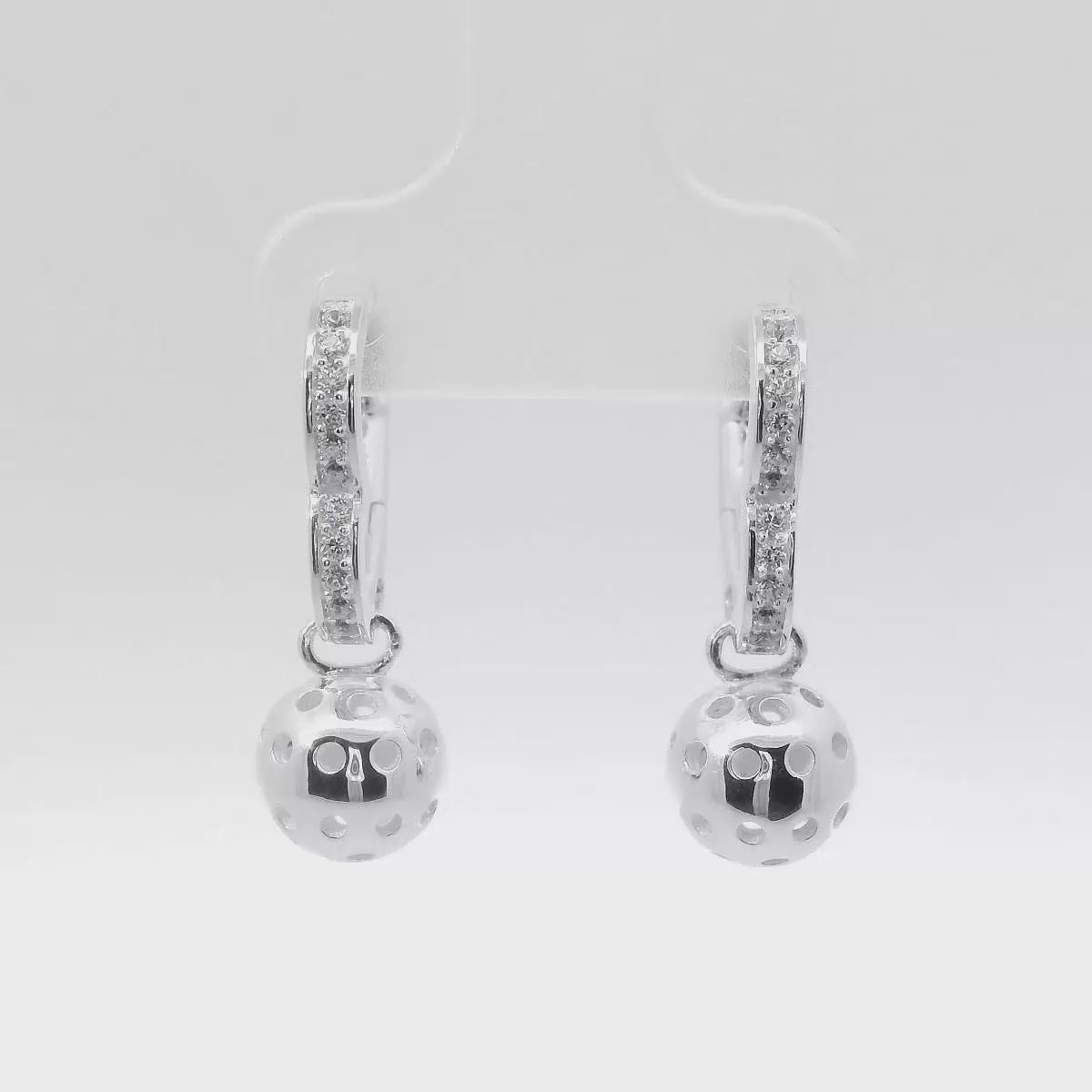sparkling pickleball heart earrings, sterling silver and white cubic zirconia