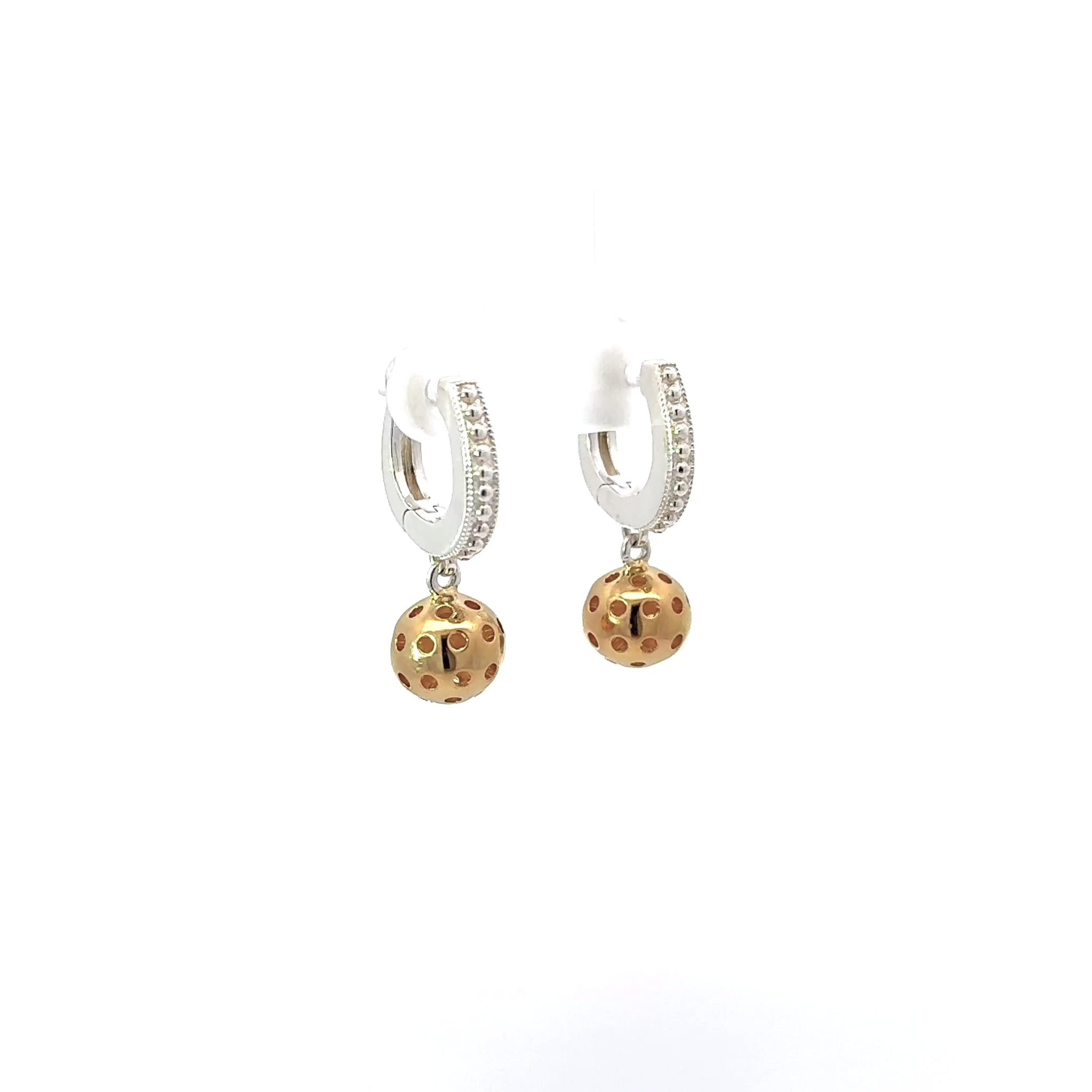 pickleball huggie dangle earrings, silver with gold pickleball