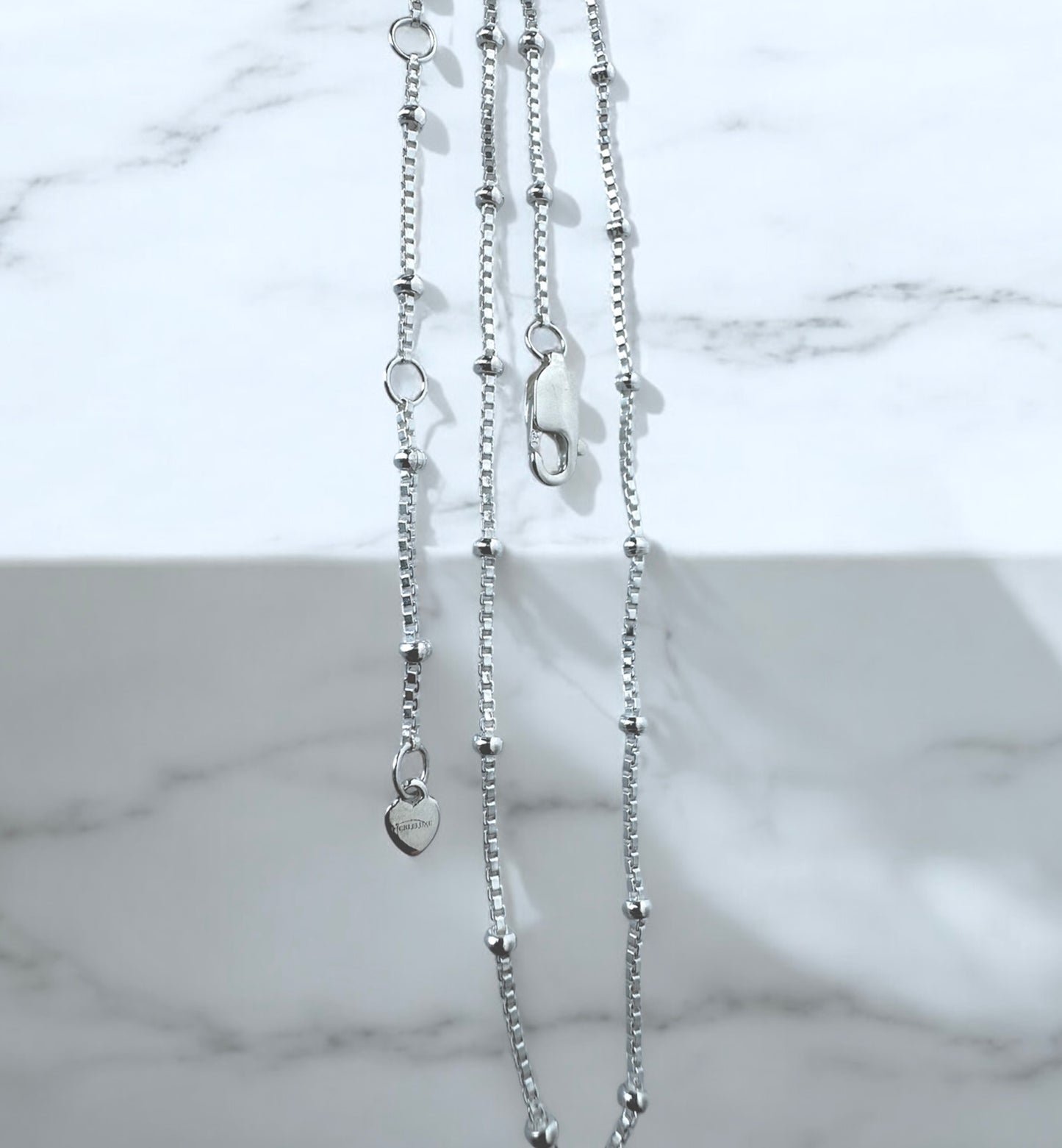 satellite bead chain, sterling silver, lobster clasp, heart charm tag