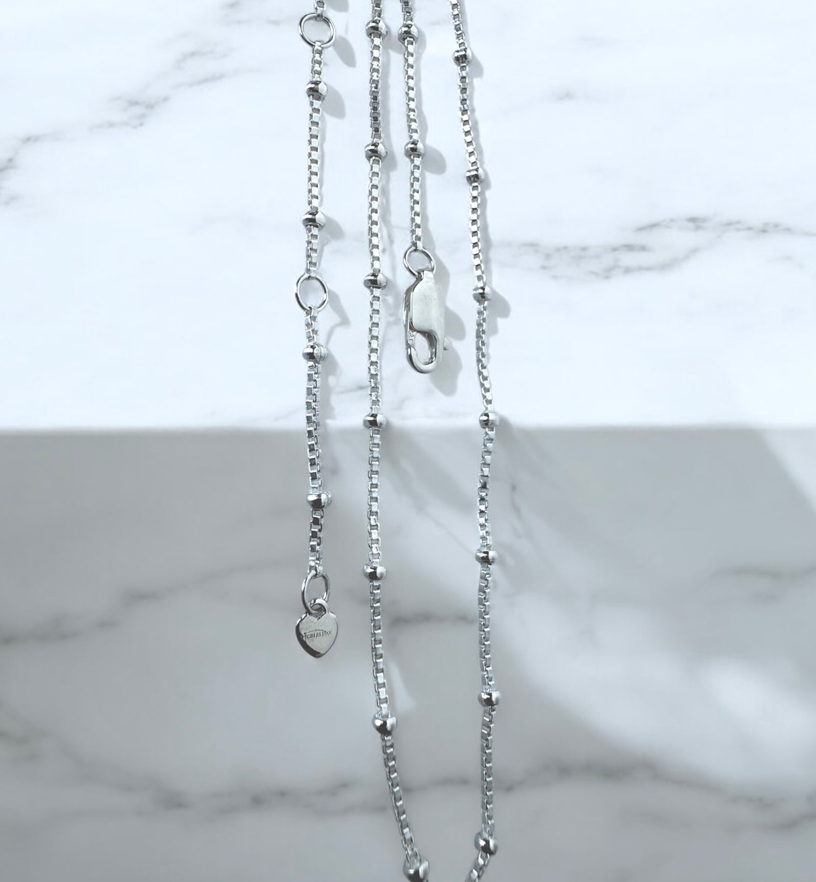 satellite bead chain, sterling silver, lobster clasp, heart charm tag