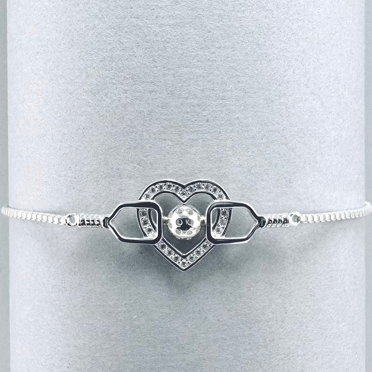 Women’s pickleball bracelet with paddles, ball and heart with cubic zirconia