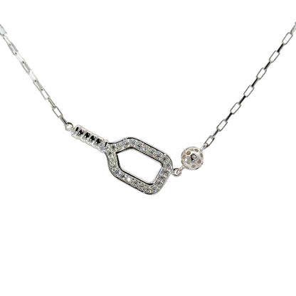 Pickleball necklace for women, sterling silver with cubic zirconia