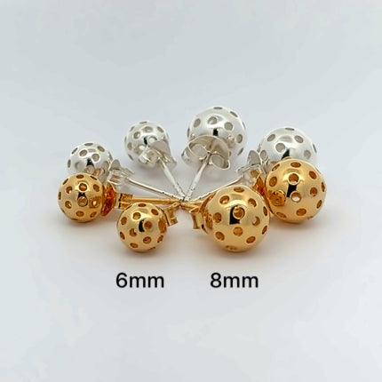 Pickleball post earrings, pairs of gold and silver studs